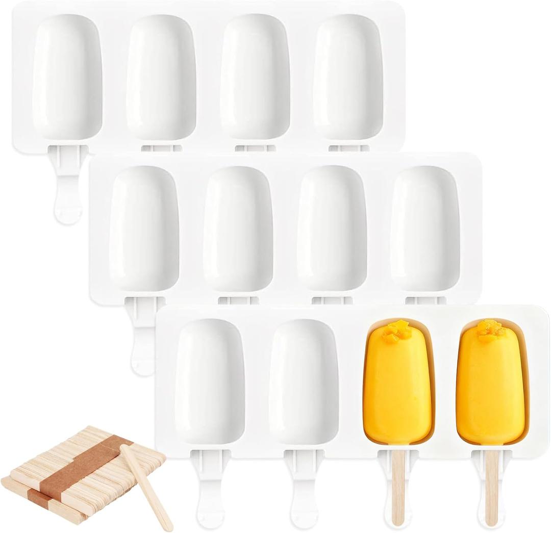 3 Set Silicone Popsicle Molds Ice Cream Mould 4 Cavity Ice Lolly Mold White Oval Cake Pop Mould with 150 Pieces Wooden Sticks for DIY Cream Popsicle Cake, White
