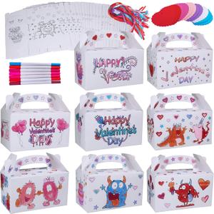 48 Sets Valentine's Day Treat Boxes DIY Color Your Own Paintable Monster Prints Goodie Boxes Party Favor Boxes Valentines Container Candy Box with Heart Tags Bulk for Kids School Classroom Supplies