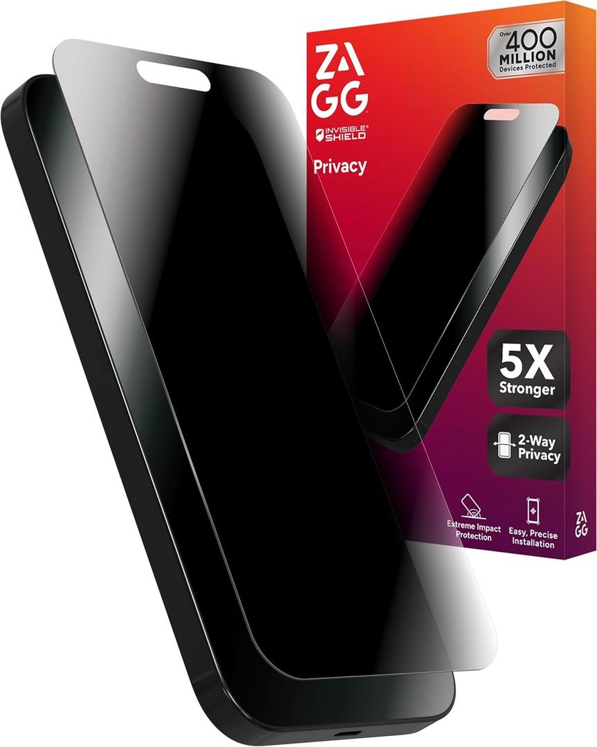 ZAGG Glass Elite Privacy Screen Protector for iPhone 16 Pro - 2-Way Privacy Filter, Ultra-Strong Tempered Glass, 5X Stronger, InvisibleShield, Smudge-Free, Easy Install, Recycled Content (iPhone 16 Pro)