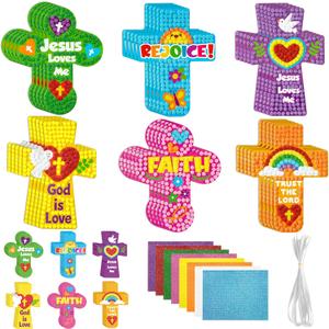 BeYumi Easter Glitter Cross Craft - 30Set Easter Religious Cross Craft Kit Sunday School Christian Faith DIY Glitter Mosaic Ornament Card Classroom Church Fun Activities Party Favors