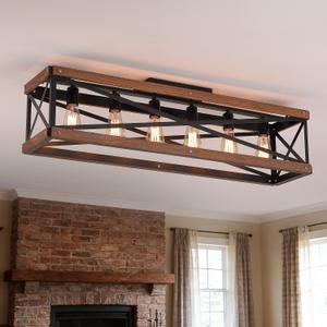 6-Light Large Rustic Farmhouse Wood Flush Mount Ceiling Light Fixture 39.4 inch Oak Wood and Metal Rectangular Track Semi Flush Mount Ceiling Light for Kitchen Living Room Bedroom Indoor, Black