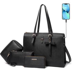 Keyli 4pc Sets Laptop Bag for Women Large Leather Laptop Briefcase with USB Charging Port Computer Shoulder tote Bags Purse (Black)
