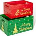 Red Co. Set of 2 Red and Green Decorative Nesting Wooden Merry Christmas Storage Crate Organizers with Golden Lettering