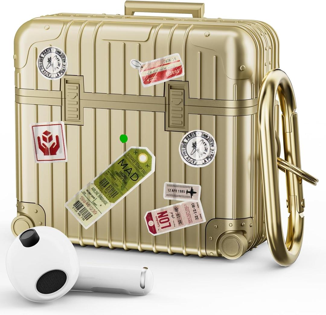 KOREDA Compatible with AirPods 3 2021 3rd Generation Case, Cute Funny Suitcase Design Protective Hard Case for AirPods 3, Not Compatible with AirPods Pro 3 2025 and AirPods 4 2024 (Champaign Gold)