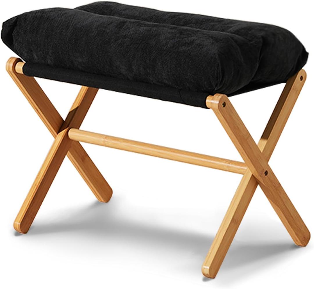 Baveke Ottoman Foot Rest- Bamboo Foldable Stool, Foot Stools Small Ottman with Upholstered & X Legs, Folding Stool for Makeup, Bedroom and Living Room (Black)