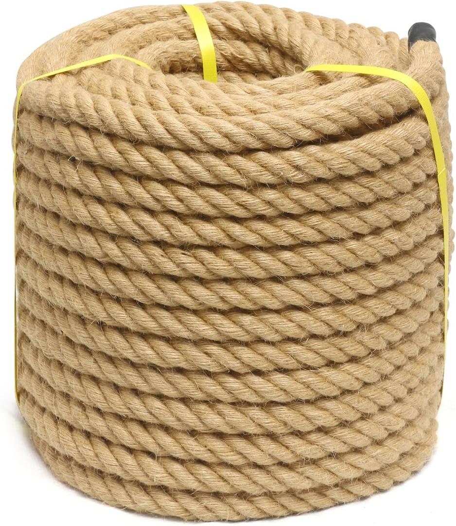 Hemp Rope 1 Inch x 50 Ft - Heavy Duty Thick Jute Rope, Natural Fiber 4 Strands Twisted Manila Rope for Tug of War, Nautical, Crafts, Swing Ropes, Hammock, Deer Hunting, Outdoor Use