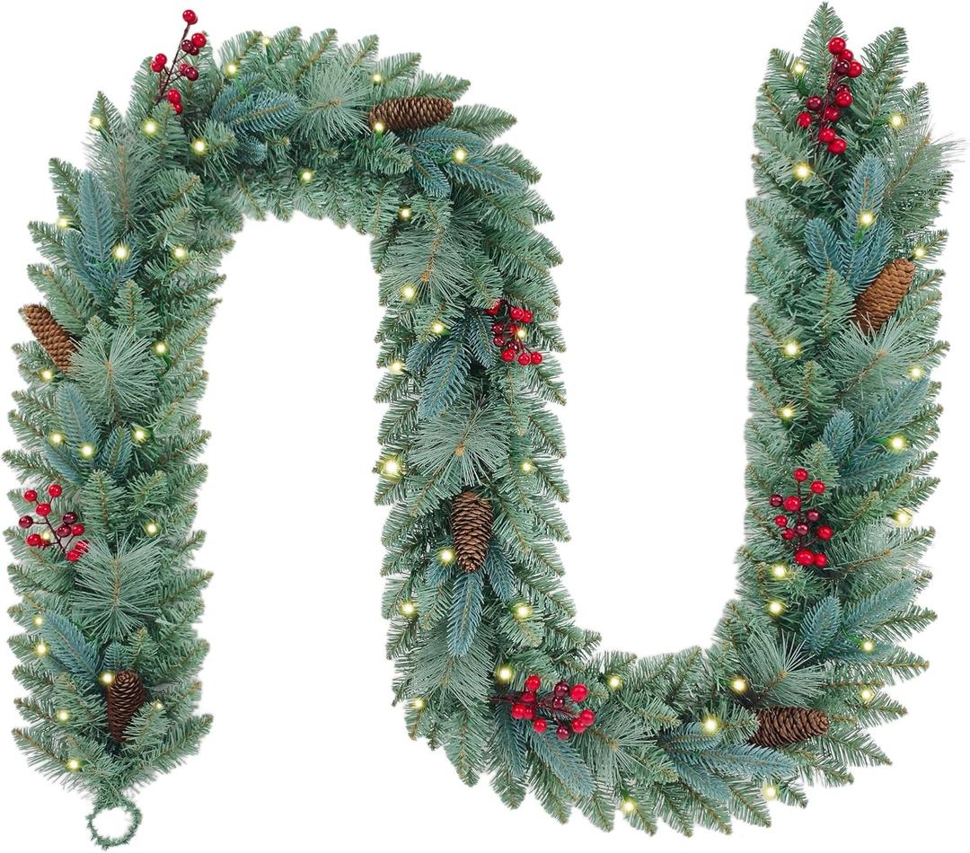9FT Pre-lit Blue Spruce Artificial Christmas Garland with Red Berries and Pine Cones, 50 Warm White LED Lights, Battery Operated with Timer, Classic Holiday Decoration