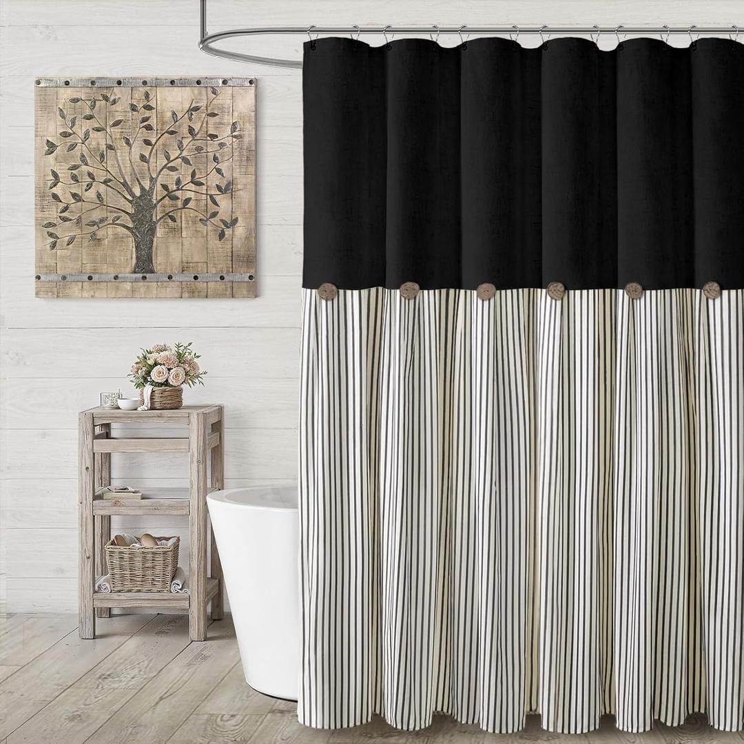 Farmhouse Shower Curtain Linen Blcak Button Woven Fabric Country Rustic Western, Pleated Black Stripe 72" W x 72" L