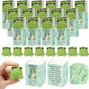 Wettarn 12 Sets Frog Pocket Hug Token Gifts Bulk Crocheted Frog with Box Encourage Positive Greeting Gifts for Women Passover Friend Employees Staff Office