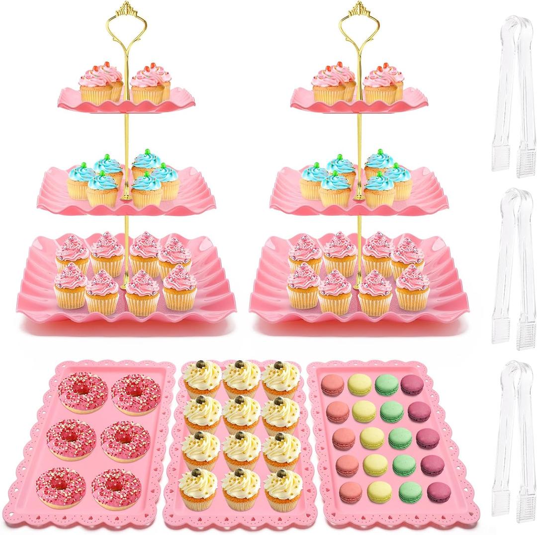 Coitak 8 Pieces Cupcake Stand Set, 2 PCS 3 Tier Cupcake Stands with 3 PCS Appetizer Trays, 3 PCS Serving Tongs, Dessert Tower Tray for Tea Party (Pink)