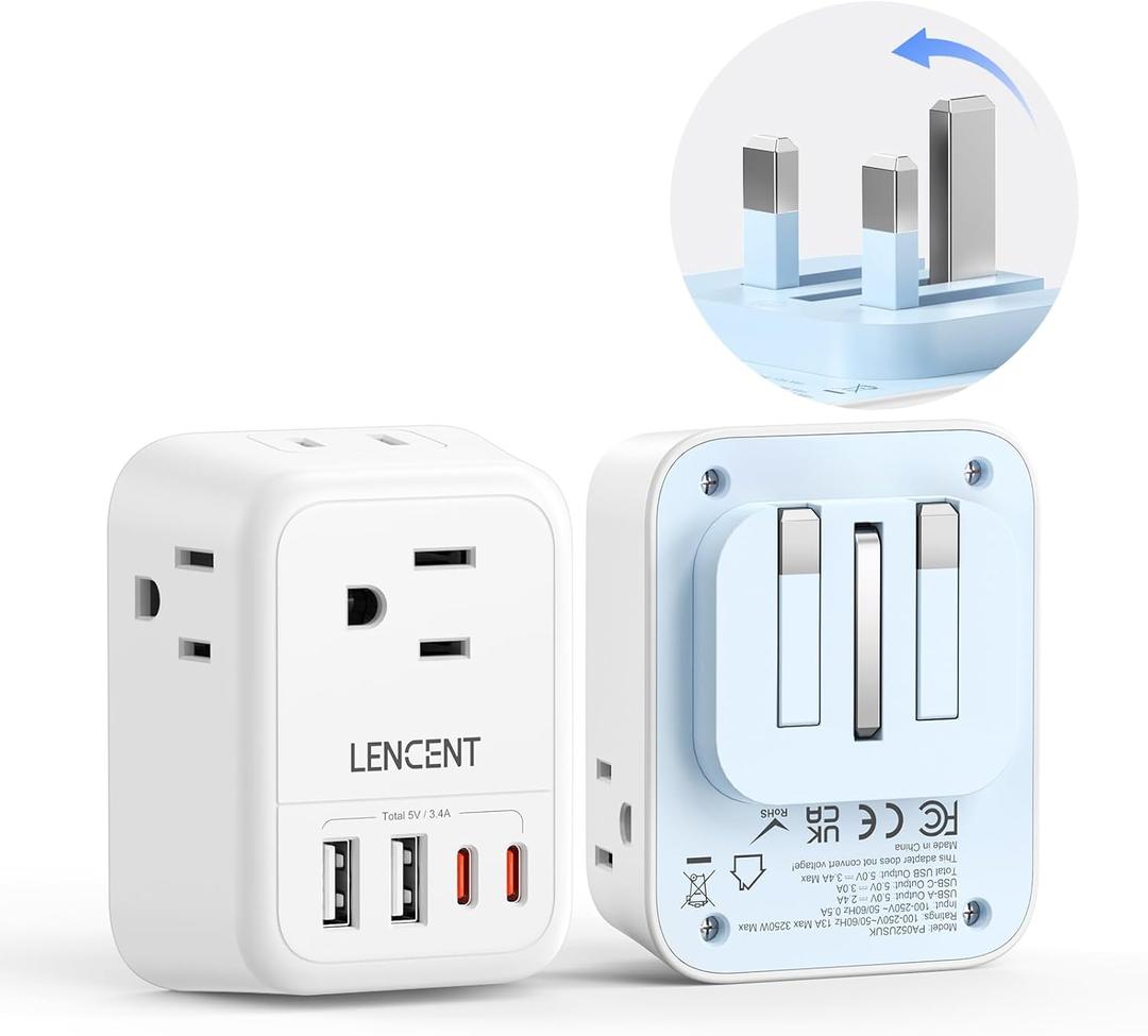 LENCENT Foldable US to UK Ireland Plug Adapter, Type G Travel Outlet Adapter with 4 USB Charger(2 USB C), Power Adaptor for USA to Scotland Dubai Hong Kong England British Kenya London