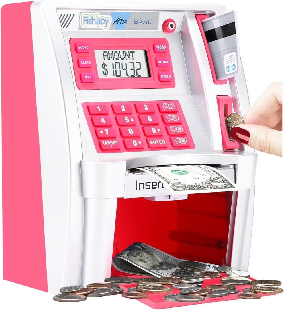 Fishboy Pink ATM Piggy Bank for Kids/Girls with Power-Off Memory, Debit Card for Real Money, Onekey Shutdown, Coin Recognition, Target Setting, Bill Feeder, Balance Calculator, Savings Machine (Silver/Rose)
