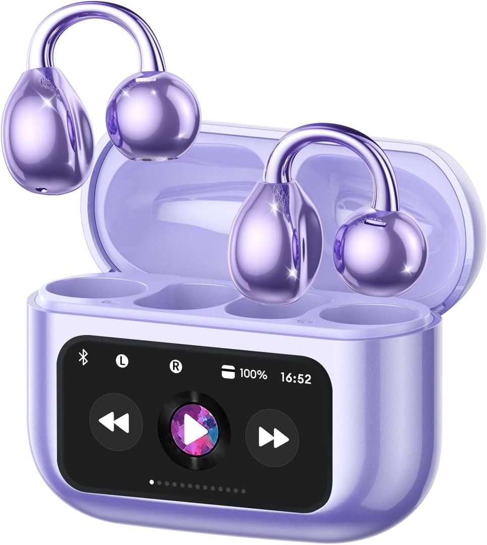 M100 Clip On Ear Headphones, Open Ear Earbuds Wireless Bluetooth 5.4, Clip On Earbuds with LCD Touchscreen, Lightweight Comfort Open Ear Headphones for Sports, Fitness, and Workouts, Purple