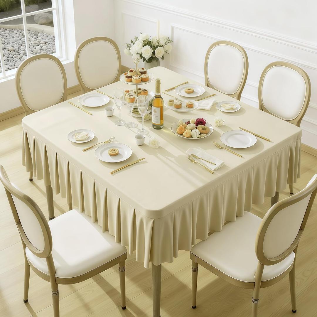 Wish Care Natural Spandex Tablecloths for 54x54 Inch Square Tables, Stretch Fitted Table Clothes with Pleated Ruffle Skirt for 54 Table, Wrinkle Free and Elastic, for Party Kitchen Home Dining
