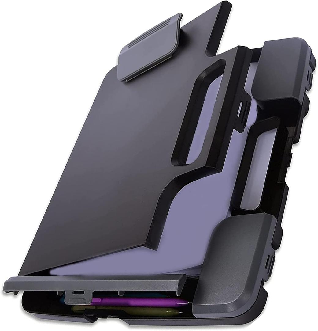 Portable Clipboard Folder with Storage, Plastic Storage Case with Side-Opening, Heavy Duty Clipboard, A4 Size Writing for Office, 14.5"x12"x 1.75", Black