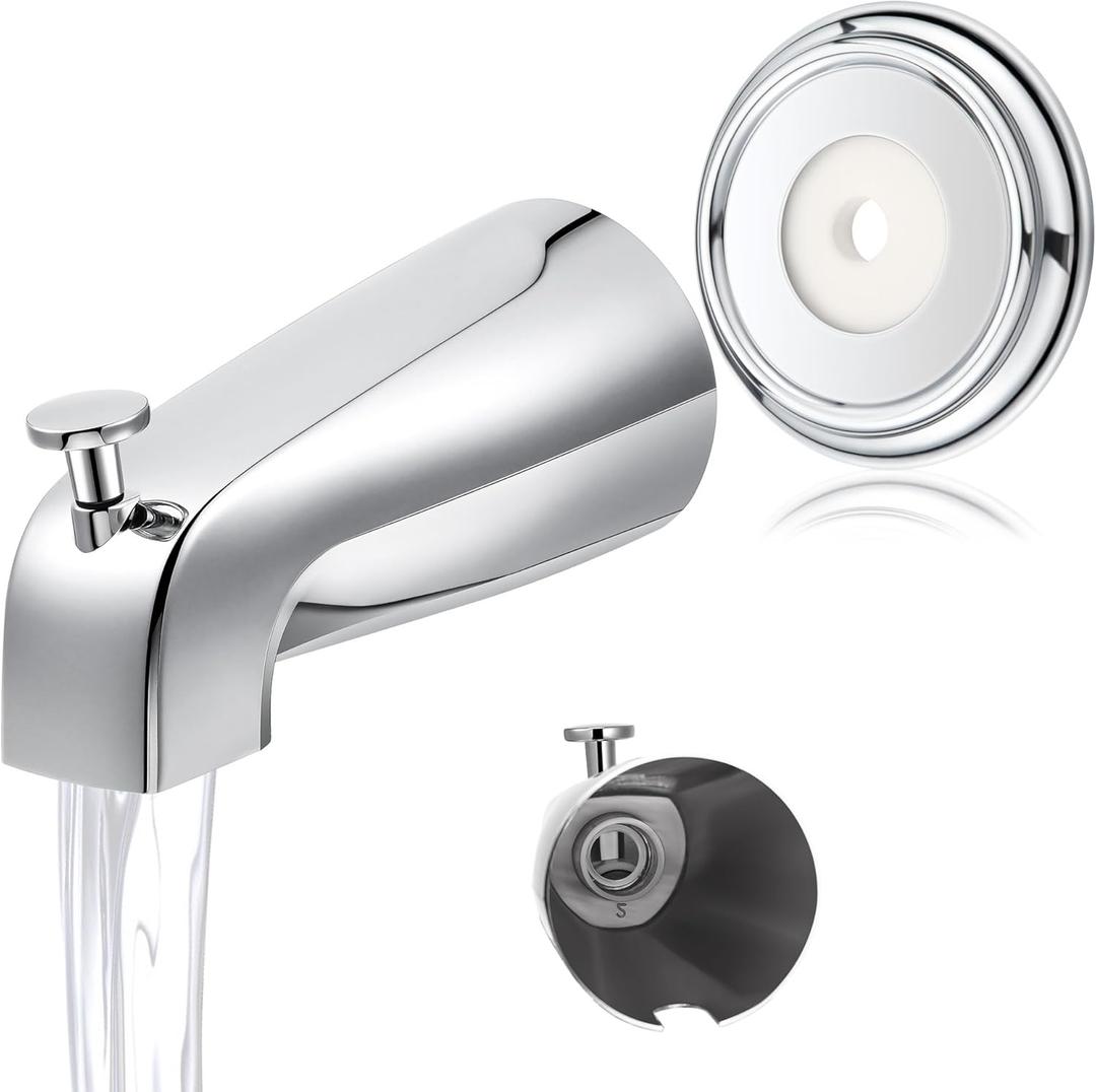 Universal Bathroom Tub Spout with Metal Tub Spout Cover Ring, 5 1/4 Inches Reach Wall Front Mount Faucet with Shower Diverter 1/2" IPS Inside Thread(Chrome)