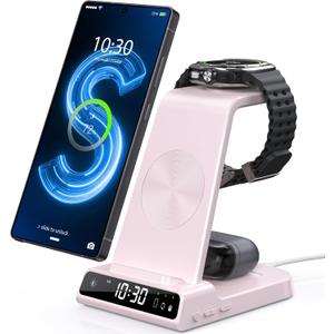 Wireless Charger for Samsung Charging Station with Clock for Samsung Galaxy S24 Ultra/S23 Ultra/Z Flip 6/5/Fold 5/Bud 2, 3 in 1 Charging Station Watch Charger for Samsung Galaxy Watch 7/6/5Pro(Pink)