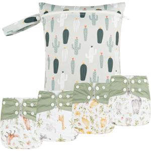 HappyFlute Set of 4 Newborn Baby Cloth Pocket Diapers Adjustable Reusable for Baby Boys and Girls(6-33 pounds,0-3 Years),One Wet Bag+4Diapers and 4Inserts (AD10)