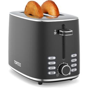 Topzee Toaster 2 Slice, Wide Slot for Toasting Bagel Muffin Waffle Gluten Free Breads, 7 Shade Settings, Defrost & Reheat, Stainless Steel, Easy Clean, Black