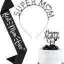Hoteam 3 Pcs Mother's Day Gifts for Women from Daughter Son Mother's Day Cake Topper Decorations Mom Crown Tiara Best Mom Sash Birthday Sash for Wife Stepmother Grandma(Black)