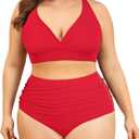 American Trends Womens Plus Size Bikini Two Piece Swimsuits Tummy Control Bathing Suits High Waisted Bikini Swimwear (Red) Large
