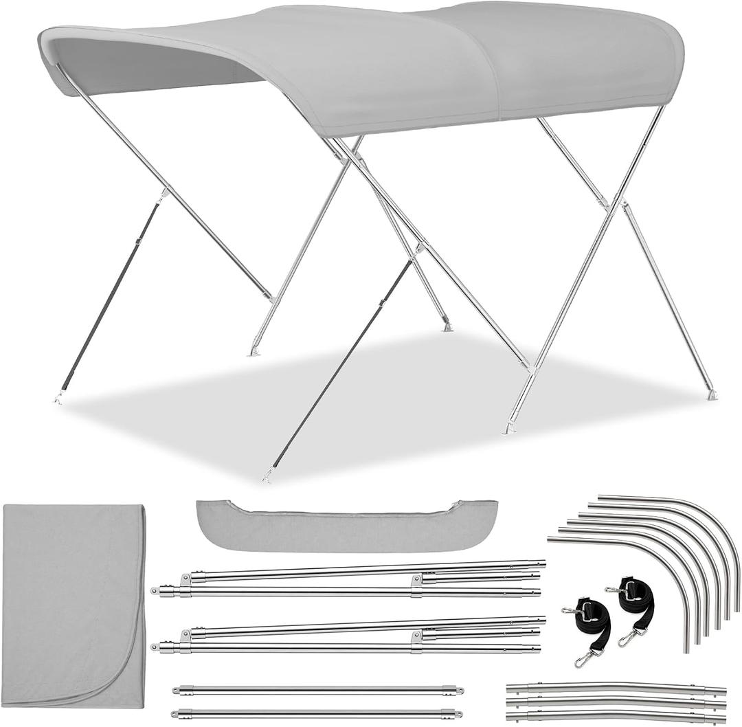 3 Bow Bimini Tops for Boats with Heavy Duty 304 Stainless Steel Frame & Hardware, 600D Oxford Boat Canopy Includes 2 Straps & 2 Rear Support Poles, Storage Boot, Durability & Stability