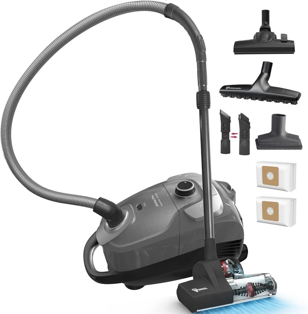 Akitas C11WT Bagged Canister Vacuum Cleaner, Wessel Turbo Brush for Pet Hair (Cat & Dog), HEPA Filtration, 33ft Cleaning Radius, with Retractable Cord and Wide Parquet Brush