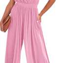 KIRUNDO Wide Leg Jumpsuits for Women Casual Long Deep V Neck Romper Elastic Waist Sleeveless Cute Pink Romper Cruise Travel Outfits for Women on Plane(Small, Pink) (Pink, S)