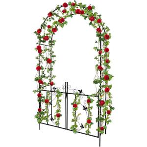 Kalolary Garden Arch with Gate, Heavy Duty Metal Butterfly Garden Arbor for Climbing Plant Metal Raised Bed Rose Vines Climbing Support for Lawn Backyard Patio Outdoor Decoration (91"x45"x15")