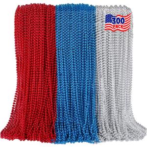 300PCS 4th of July Accessories Patriotic Bead Necklaces, 33inch Red Blue Silver Necklaces Bulk, 4th of July Decorations for Parade Party Favors Veterans Day