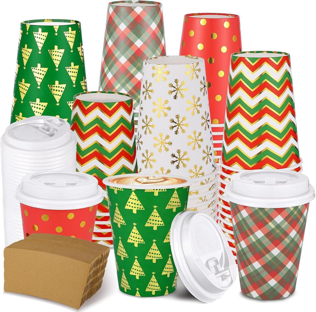 300 Pcs/100 Sets Christmas Coffee Cups with Lids and Sleeves 12 oz Disposable Christmas Paper Cups Party Drinking Cups for Hot and Cold Drinks Chocolate Coffee Tea Beverage Bar Supplies (Shiny)