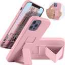 LAUDTEC Silicone Kickstand Case Compatible with iPhone 12/12 Pro, Vertical and Horizontal Stand Hand Strap Metal Kickstand Cover, Flexible Soft Liquid Silicone Stand Case for iPhone 12/12 Pro (Pink)