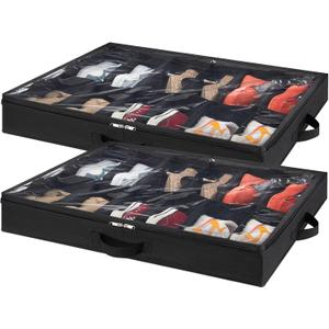 Lifewit Under Bed Shoe Storage Organizer Set of 2, 4.3 Inches Tall Low Profile Fabric Shoes Container Box with Clear Cover, Foldable Storage Bag with 2 Handles, Total Fits 24 Pairs of Shoes, Black