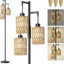 Oneach 70" Floor Lamps for Living Room, Stepless Dimmable Boho Floor Lamp with 3 Bulbs, Tall Farmhouse Industrial Corner Standing Tree Lamp for Bedroom, Office, Study Room, Rattan with Linen Shade