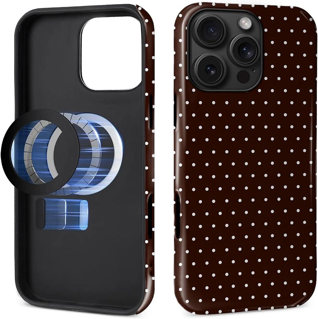 Magnetic Case for iPhone 16 Pro Design,Compatible with MagSafe,Slim Protective Soft TPU Bumper Phone Cover Women Girls Case for iPhone 16 Pro-Polka Dot Aesthetics Brown