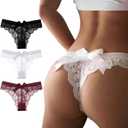 Womens Lace Bow Thongs T Back Low Waist Panties Sexy V-Shape Design Floral Lace Panties Undies for Women (Medium)