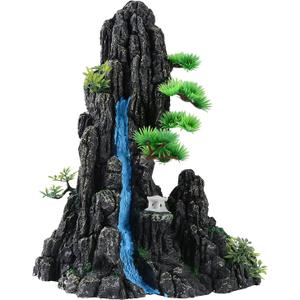 Large and Tall Fish Tank Decorations Aquarium L9.84x W5.9x H12.99inch, Resin Mountain View Aquarium Decor, Rock Thematic Ornaments with Tree & House for Betta Cichlid Goldfish Shrimp Playing Hiding