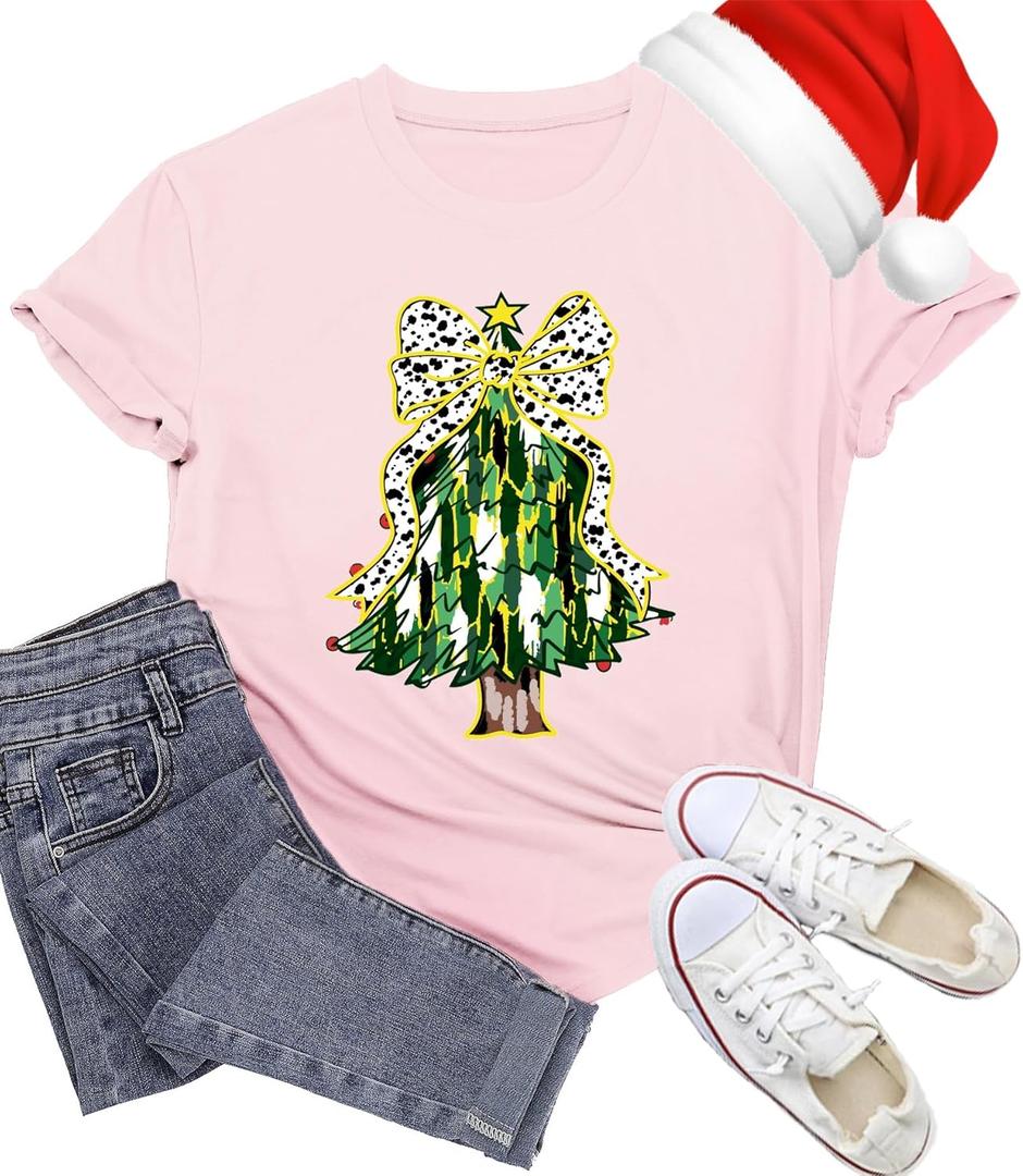Christmas Shirts for Women Christmas Tree T-Shirt Merry Xmas Graphic Tee Tops (Pink, S)
