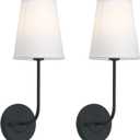 Pathson Set of 2 Vintage Wall Sconces Lighting White Fabric Shade, Hardwired Bathroom Wall Light Fixtures Decor for Bedroom Living Room(Black)