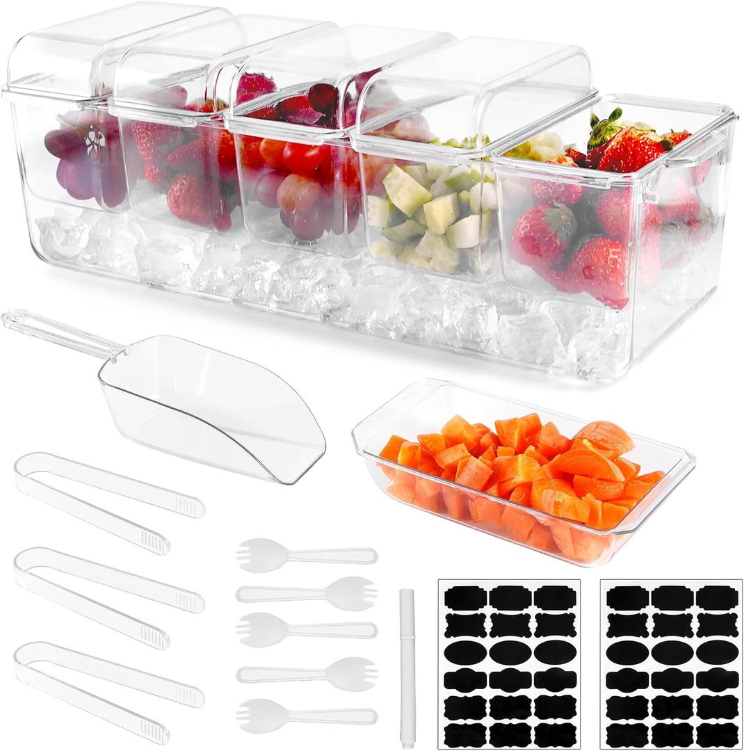 Fantasyon Ice Chilled Condiment Server Tray with 5 Removable Compartments Large Ice Chilled Condiment Caddy Organizer with Separate Lids Garnish Serving Tray for Bar Accessories, Fruit, Salad, Taco