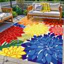 Colorful 9x12 Outdoor Area Rug Washable Multicolored Patio Rug Tropical Botanical Floral Chenille Waterproof Outdoor Carpet Non-Slip for Deck, Backyard, Porch, Rainbow