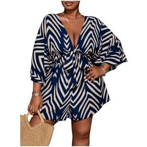 SOLY HUX Women's Plus Size Romper Striped V Neck Tie Front 3/4 Sleeve Loose Short Jumpsuit, Size XL