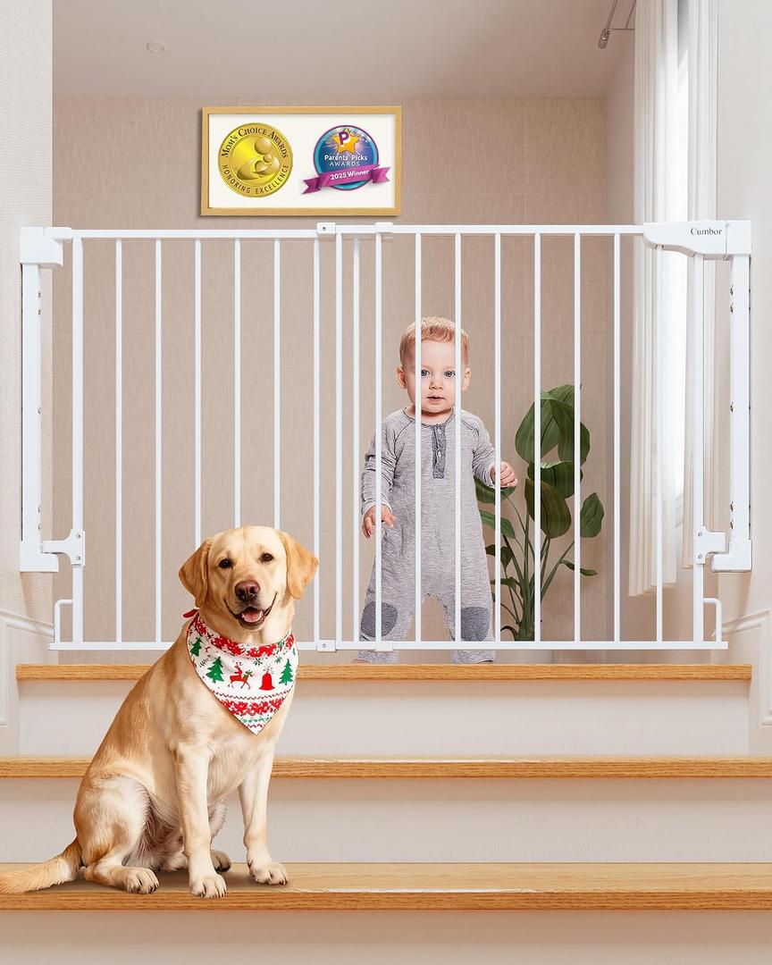 Expandable 31.6-48" Baby Gate for Stairs, Hardware Mounted, 2-in-1 No Bottom Bar Dog Gate Indoor, Auto Close Pet Gate for Doorways with Large Walk Thru Door, Child-Proof Gate for Kids (White)