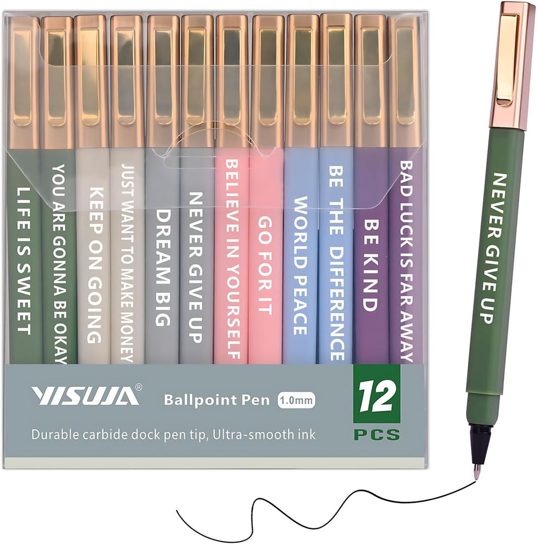 12 Pack Ballpoint Pens with Inspirational Quotes, 1.0mm Medium Point Black Ink, Journaling & Note Taking Pens, Motivational Office Supplies for Women & Men