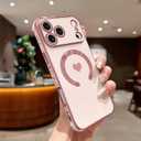 Magnetic Case for iPhone 17 Pro Women Girls Luxury Plating Cute Love Heart Soft Back Cover Full Camera Lens Protection Compabtible with MagSafe for iPhone 17 Pro Case Pink