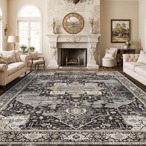 Washable Area Rug - Soft Area Rugs for Living Room Stain Resistant Carpet Vintage Lightweight Rugs for Bedroom with Non Slip Backing Indoor Ultra-Thin Rugs Home Decor Black