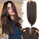 Eawwii Dark Brown with Caramel Highlights Synthetic Hair Toppers for Women with Thinning 5x6 inch Large Base Coverage Clip in Wispy Bangs Upgraded Adjustable Bandage 18 Inch Long Layered