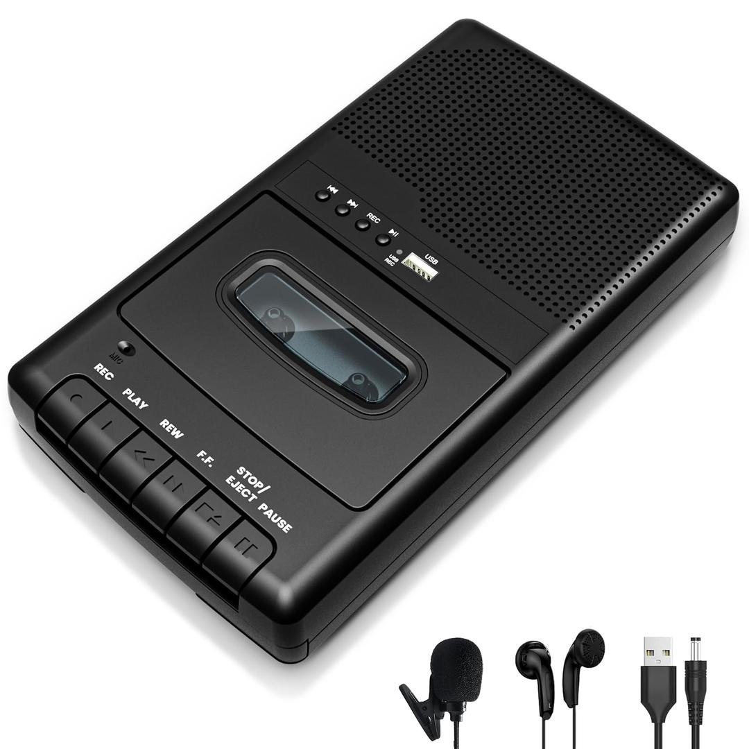 Portable Cassette Player Tape Recorder,Cassette Players Recorder, Cassettes Tape Digital Converter to USB Flash Disk, Built-in Speaker, Retractable Handle, One-Touch Recording(Black)