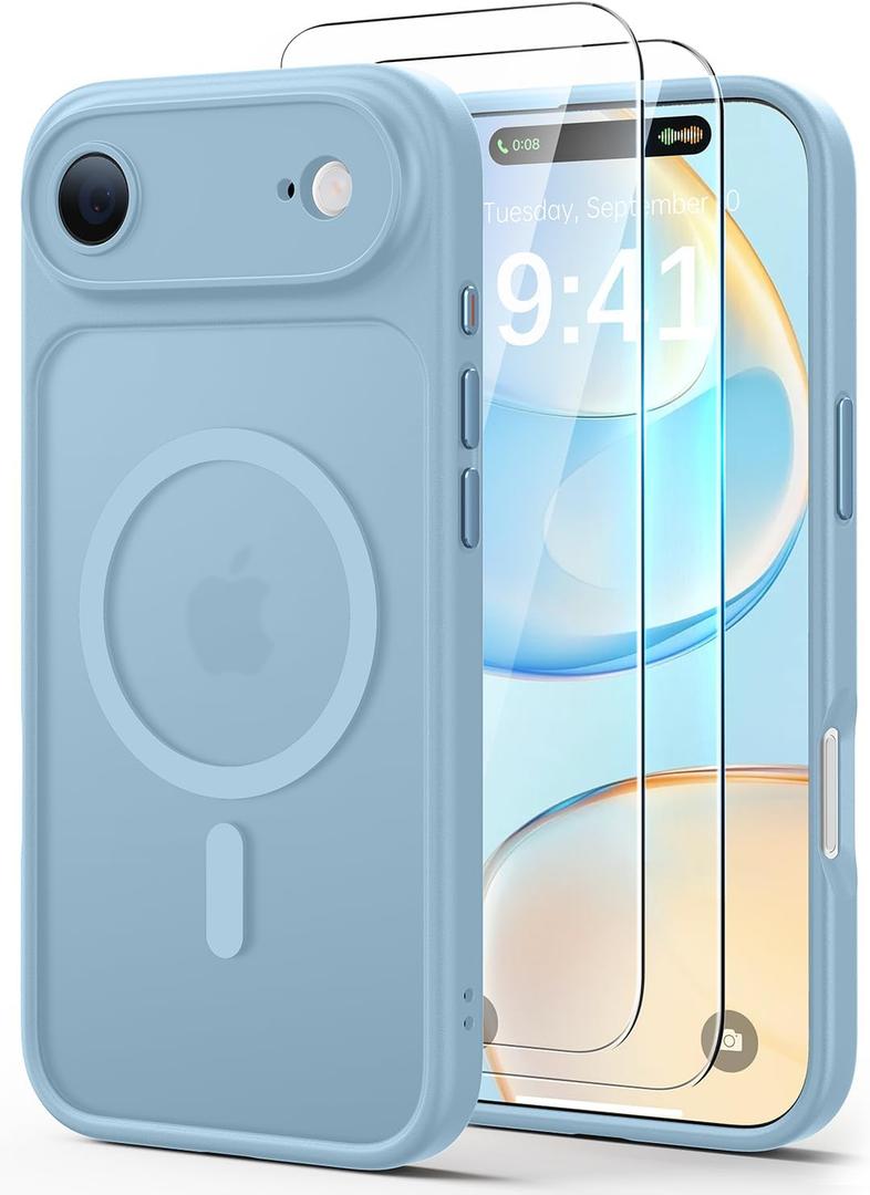 JJL for iPhone Air Case with 2 Pack Screen Protectors, Compatible with MagSafe, Full Camera Protection, Slim Translucent Matte Magnetic Phone Cover for iPhone 17 Air, Sky Blue