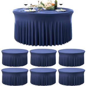 6 Pack Navy Blue Spandex Round Tablecloths for 72inch Table, Wrinkle Free 132inch Stretchy Fitted 6ft Round Table Cloths Covers with Skirt for Wedding Birthday Parties Banquet Events